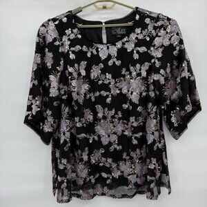 Alex Evenings Black Sequined Floral Tunic Sheer Overlay 3/4‎ Sleeve Blouse Sz 2X